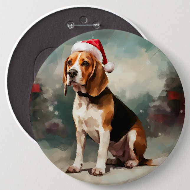 Badge Rond 15,2 Cm Beagle dans la neige Noël  (Devant & derrière)
