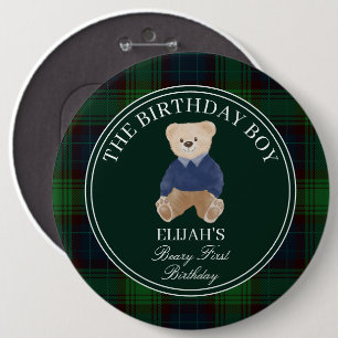 Badge Rond 15,2 Cm Béary première peluche ours vert plaid fête d'anni