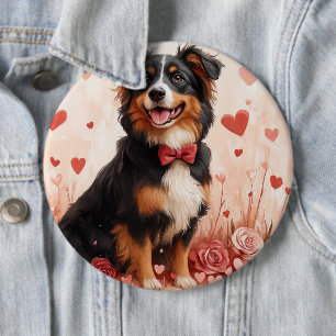 Badge Rond 15,2 Cm Berger australien avec Rose - Saint Valentin