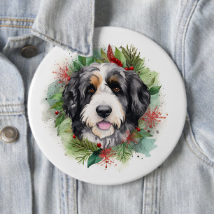 Badge Rond 15,2 Cm Bernedoodle Christmas Wreath Festive Pup