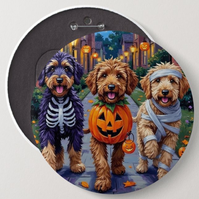 Badge Rond 15,2 Cm Bernedoodle Dogs Trick or Treating in Halloween Co (Devant & derrière)