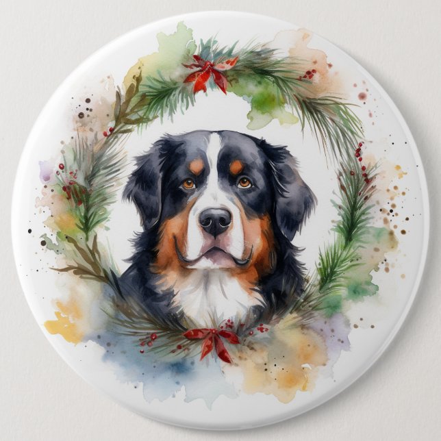 Badge Rond 15,2 Cm Bernois Mountain Festive Wreath Pup (Devant)