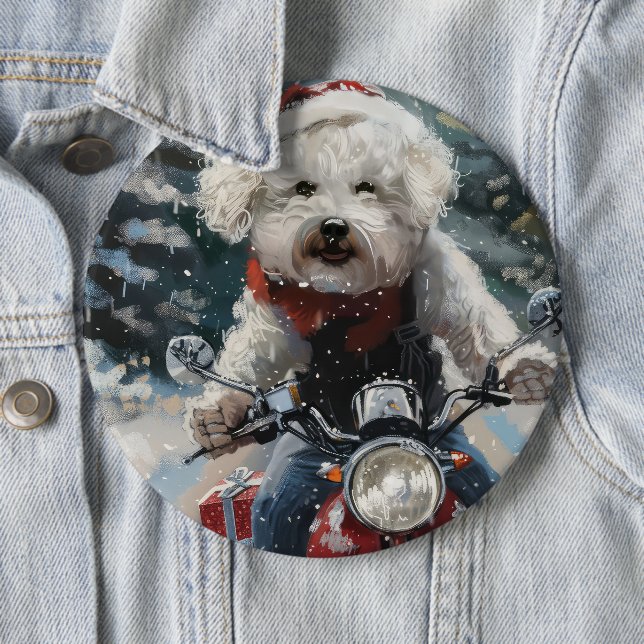 Badge Rond 15,2 Cm Bichon Frise Chien équitation Moto Noël (En situation)