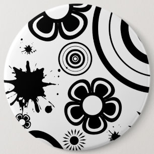 Badge Rond 15,2 Cm Black Whimsical Flowers, Circles, Splatter Pattern