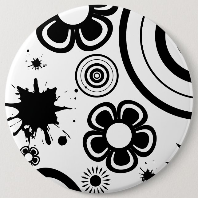 Badge Rond 15,2 Cm Black Whimsical Flowers, Circles, Splatter Pattern (Devant)