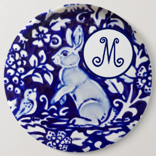 Badge Rond 15,2 Cm Bleu Blanc Rabbit Oiseau Floral Monogramme Éléga