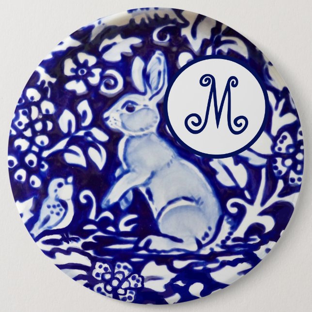 Badge Rond 15,2 Cm Bleu Blanc Rabbit Oiseau Floral Monogramme Élégant (Devant)