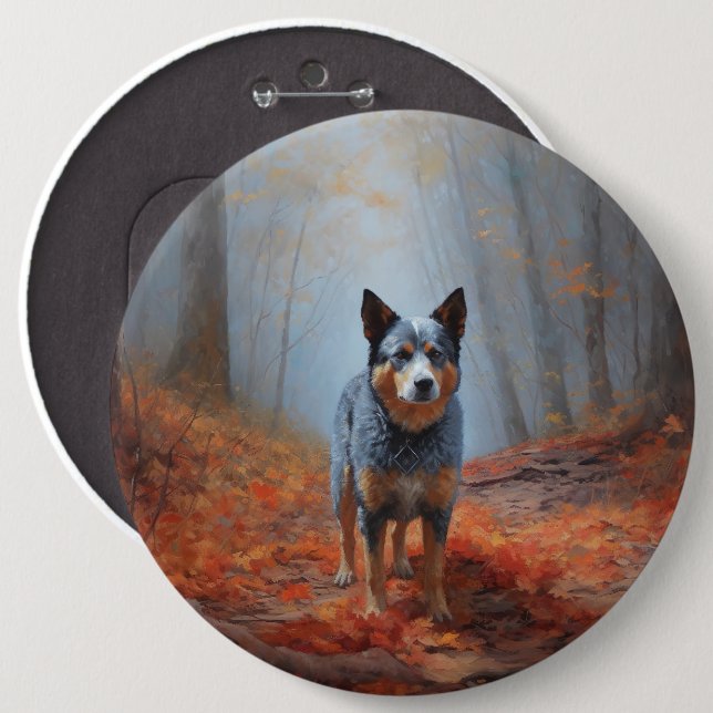 Badge Rond 15,2 Cm Blue Heeler dans les feuilles d'automne automne au (Devant & derrière)