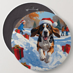 Badge Rond 15,2 Cm Bluetick Coonhound courant dans la neige avec Noël
