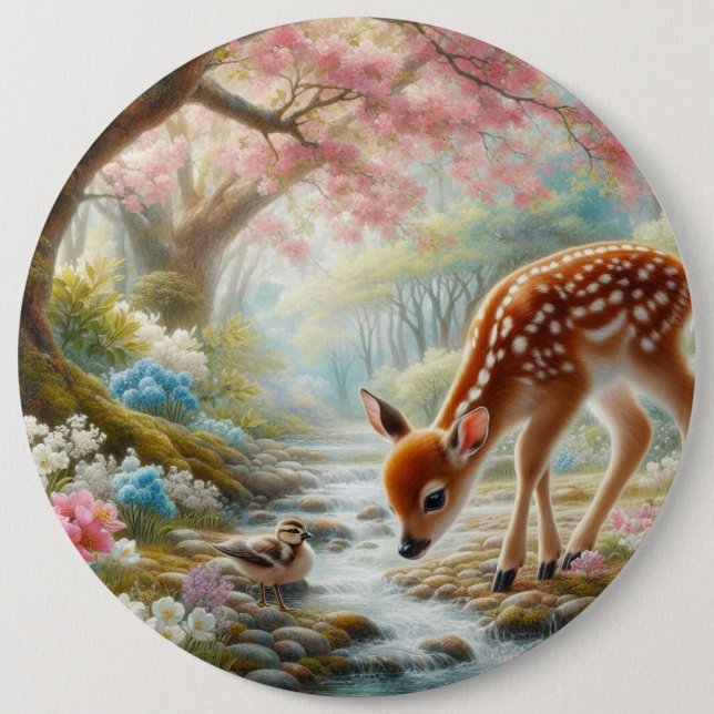 Badge Rond 15,2 Cm Bois de printemps avec canard et faon/cerf (Devant)