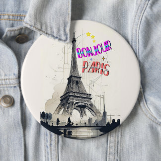 Badge Rond 15,2 Cm Bonjour Coloré Paris