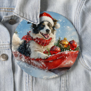 Badge Rond 15,2 Cm Border Collie Chien en Luge Laissez Tomber la Neig