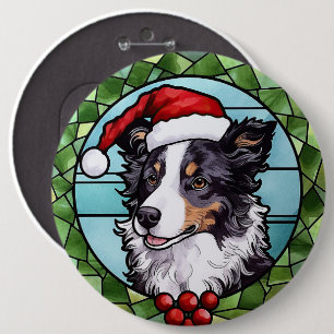 Badge Rond 15,2 Cm Border Collie Vitrail Noël
