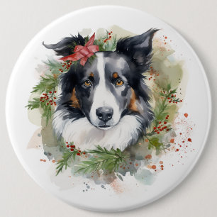 Badge Rond 15,2 Cm Bordure Collie Fête de Noël Wreath Pup