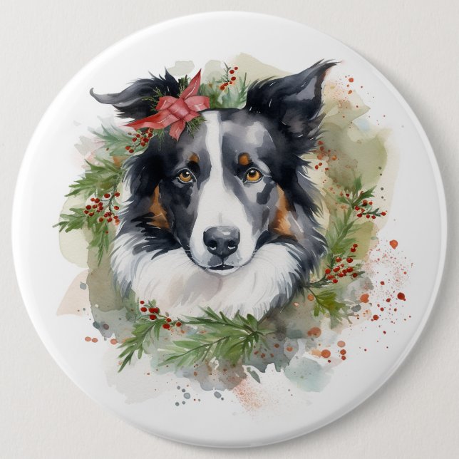 Badge Rond 15,2 Cm Bordure Collie Fête de Noël Wreath Pup (Devant)