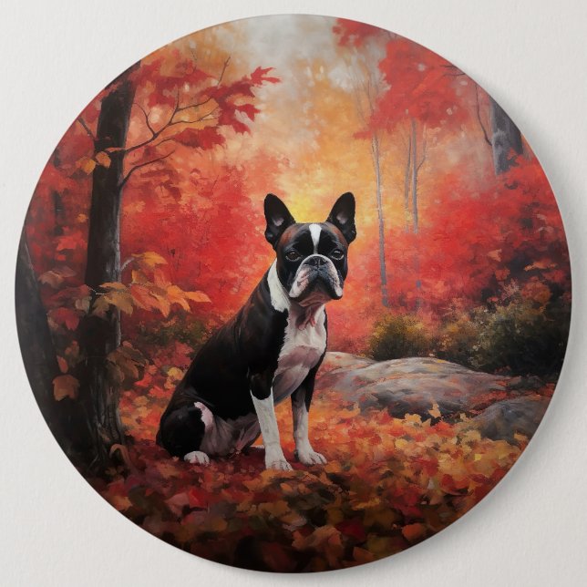 Badge Rond 15,2 Cm Boston Terrier à l'automne Leaves automne Inspire (Devant)