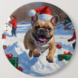 Badge Rond 15,2 Cm Bouledogue français courant dans la neige avec un
