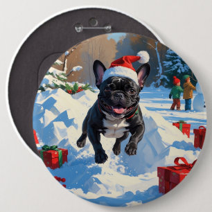 Badge Rond 15,2 Cm Bouledogue français noir scène festive de Noël enn
