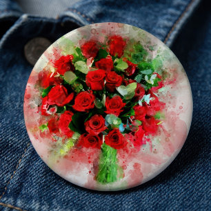 Badge Rond 15,2 Cm Bouquet de roses rouges aquarelle sur fond blanc