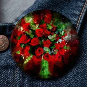 Badge Rond 15,2 Cm Bouquet de roses rouges aquarelle sur fond noir