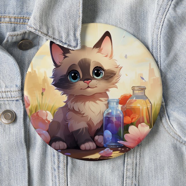 Badge Rond 15,2 Cm Bouton Chat mignon (En situation)