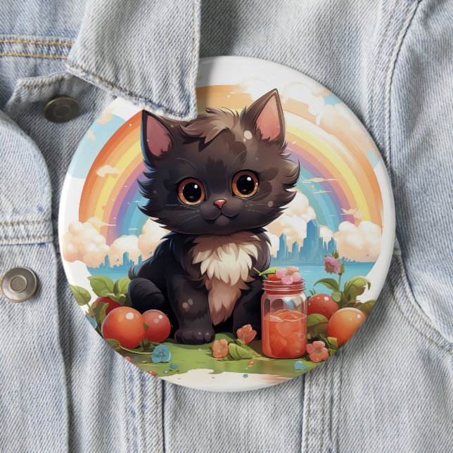Badge Rond 15,2 Cm Bouton Chat noir mignon (En situation)