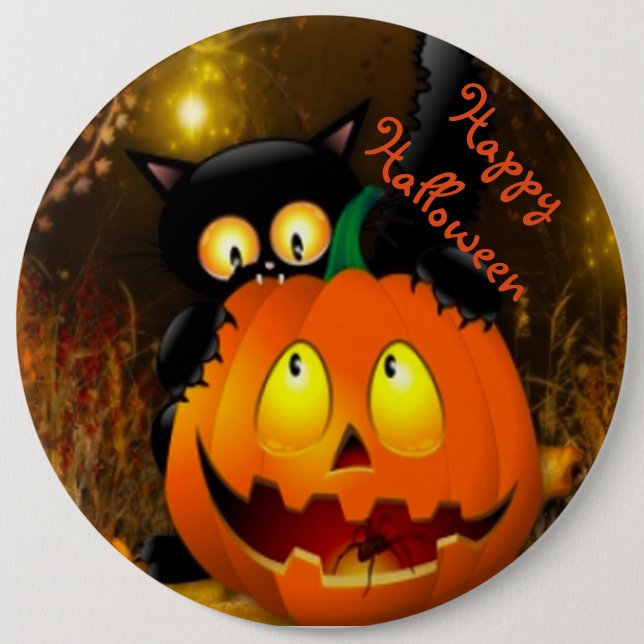 Badge Rond 15,2 Cm Bouton rond Halloween/Chat noir et Citrouille (Devant)