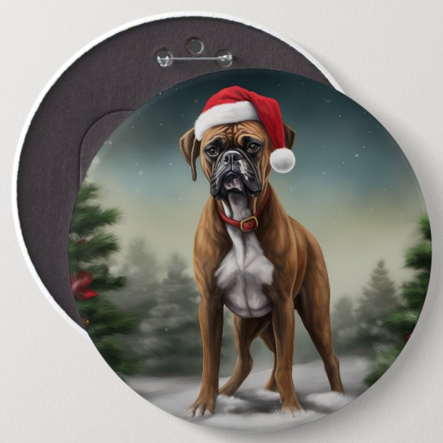 Badge Rond 15,2 Cm Boxer dans la neige de Noël (Devant & derrière)