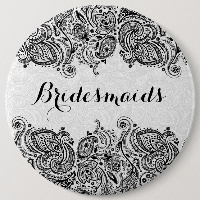 Badge Rond 15,2 Cm BridesMaids blanc et noir Paisley dentelle (Devant)