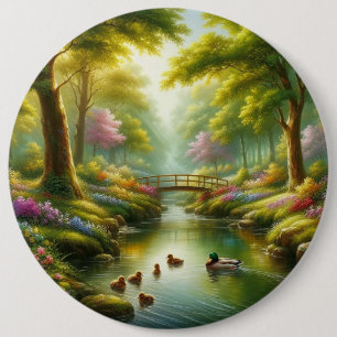 Badge Rond 15,2 Cm Brook de printemps avec canards/fleurs