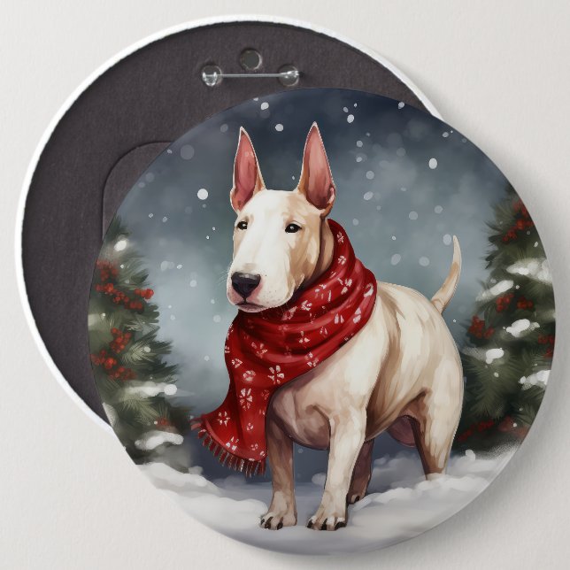 Badge Rond 15,2 Cm Bull Terrier Chien à Noël de neige (Devant & derrière)