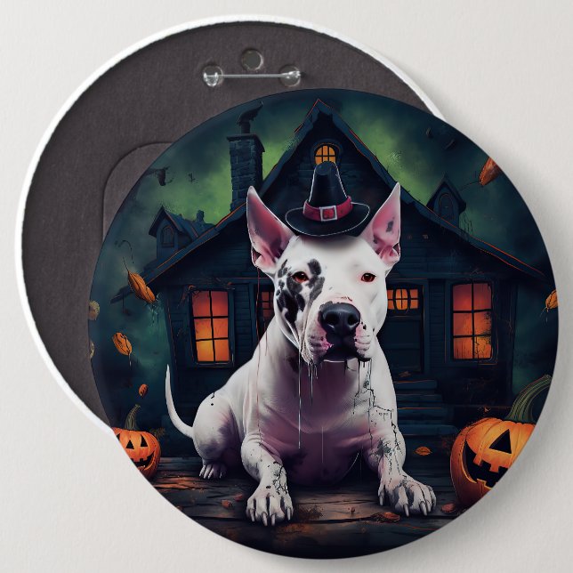 Badge Rond 15,2 Cm Bull Terrier Citrouille Halloween effroi (Devant & derrière)