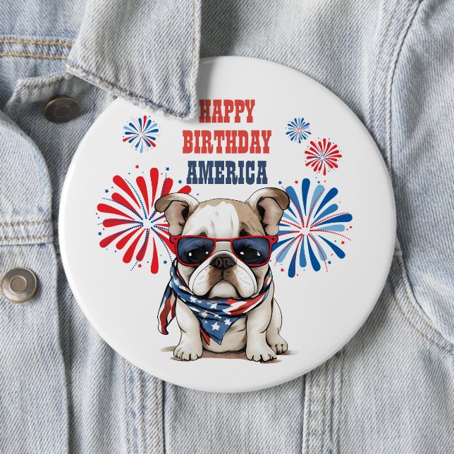 Badge Rond 15,2 Cm Bulldog 4 juillet Joyeux anniversaire Amérique (En situation)