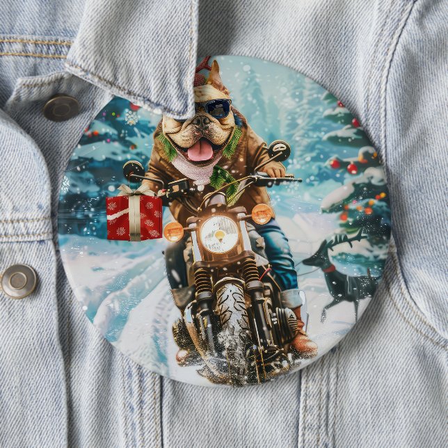 Badge Rond 15,2 Cm Bulldog à moto Noël (En situation)