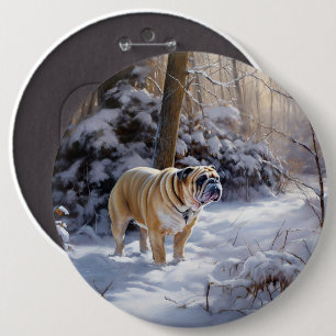Badge Rond 15,2 Cm Bulldog Qu'Il Neige Noël Brossé