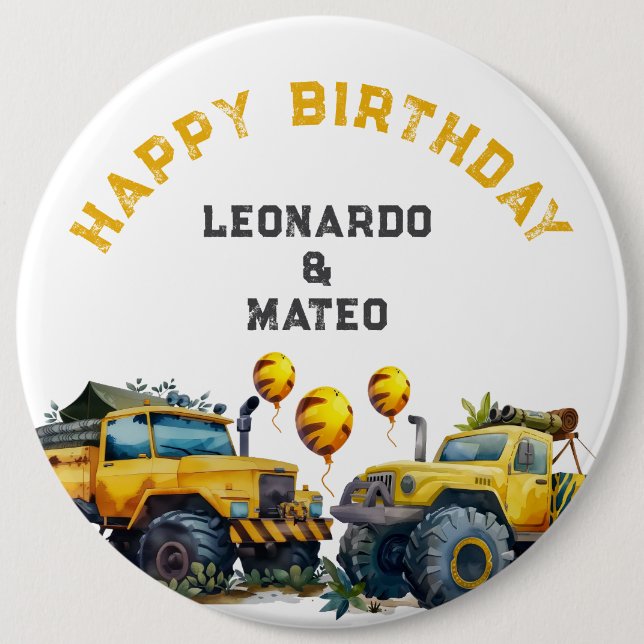 Badge Rond 15,2 Cm Camions Monster Jaune Garçons Joyeux Anniversaire (Devant)