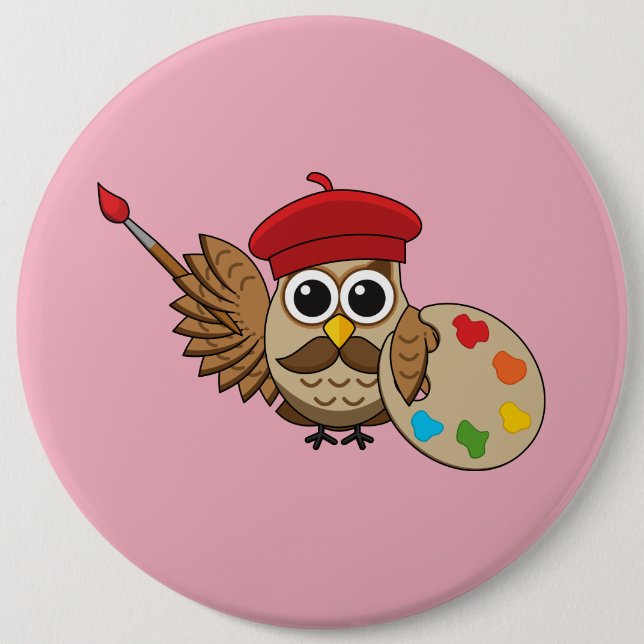 Badge Rond 15,2 Cm Caricature de Chouette Peintre Cute (Devant)