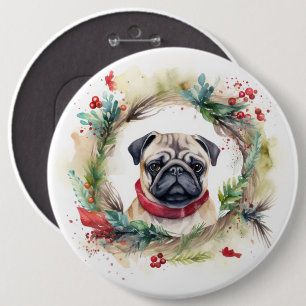 Badge Rond 15,2 Cm Carlin Noël Wreath Festive Pup