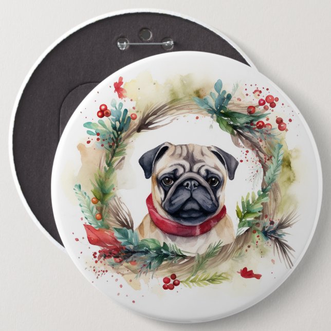 Badge Rond 15,2 Cm Carlin Noël Wreath Festive Pup (Devant & derrière)