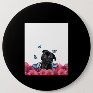 Badge Rond 15,2 Cm Carlin Noir Avec Papillons Bleus Et Gerberas
