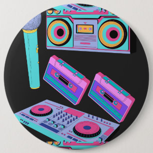 BADGE ROND 15,2 CM CASSETTE, BOUTON MODÈLE AUDIO STYLE