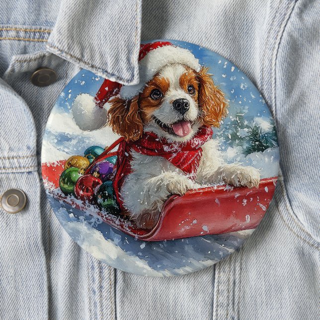Badge Rond 15,2 Cm Cavalier King Charles Spaniel Chien Sledge Noël (En situation)