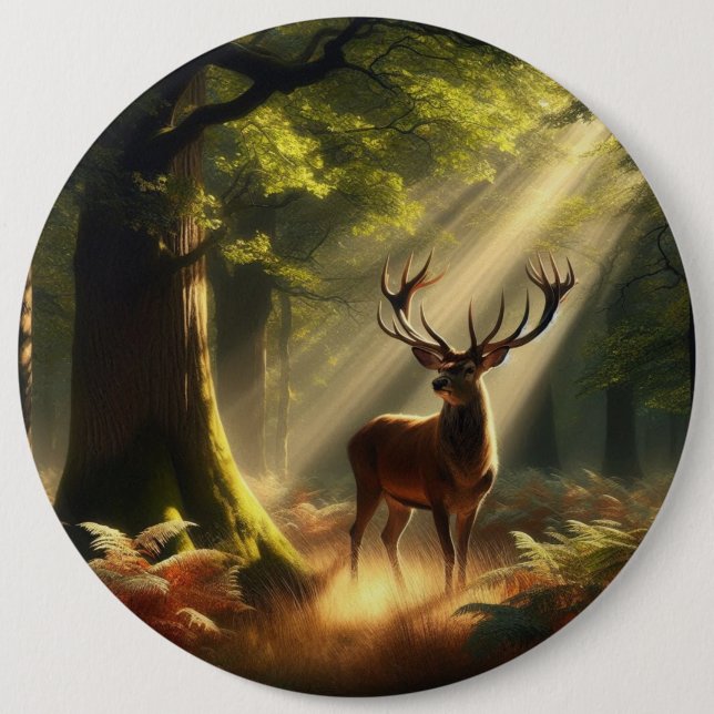 Badge Rond 15,2 Cm Cerf dans la forêt matinale (Devant)