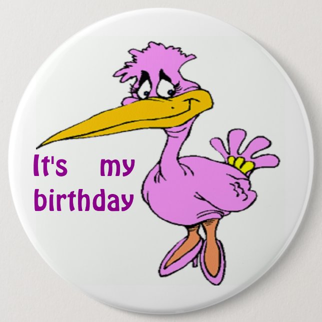 BADGE ROND 15,2 CM "C'EST MON ANNIVERSAIRE" OISEAU VIOLET (Devant)