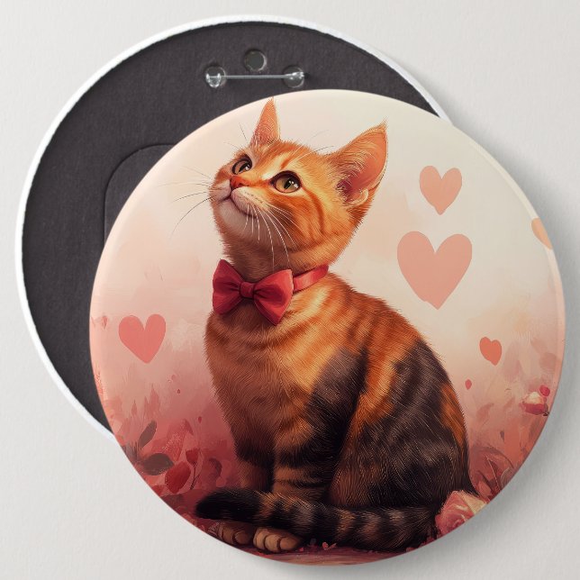 Badge Rond 15,2 Cm Chat abyssinien avec Rose - Saint Valentin (Devant & derrière)