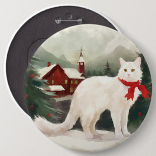 Badge Rond 15,2 Cm Chat angora turc à Noël sous la neige