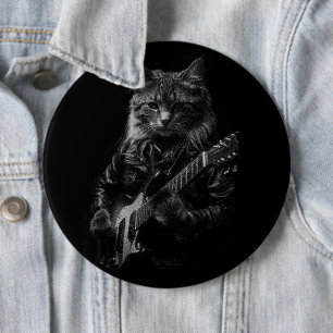 Badge Rond 15,2 Cm Chat avec cuir Veste jouant guitare électrique