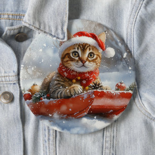 Badge Rond 15,2 Cm Chat Bengal dans un traîneau Laissez neige Noël