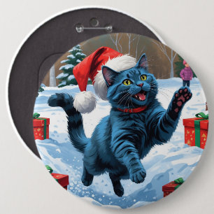 Badge Rond 15,2 Cm Chat bleu russe à la neige avec Casquette de Noël