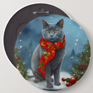 Badge Rond 15,2 Cm Chat Bleu Russe à Noël sous la neige
